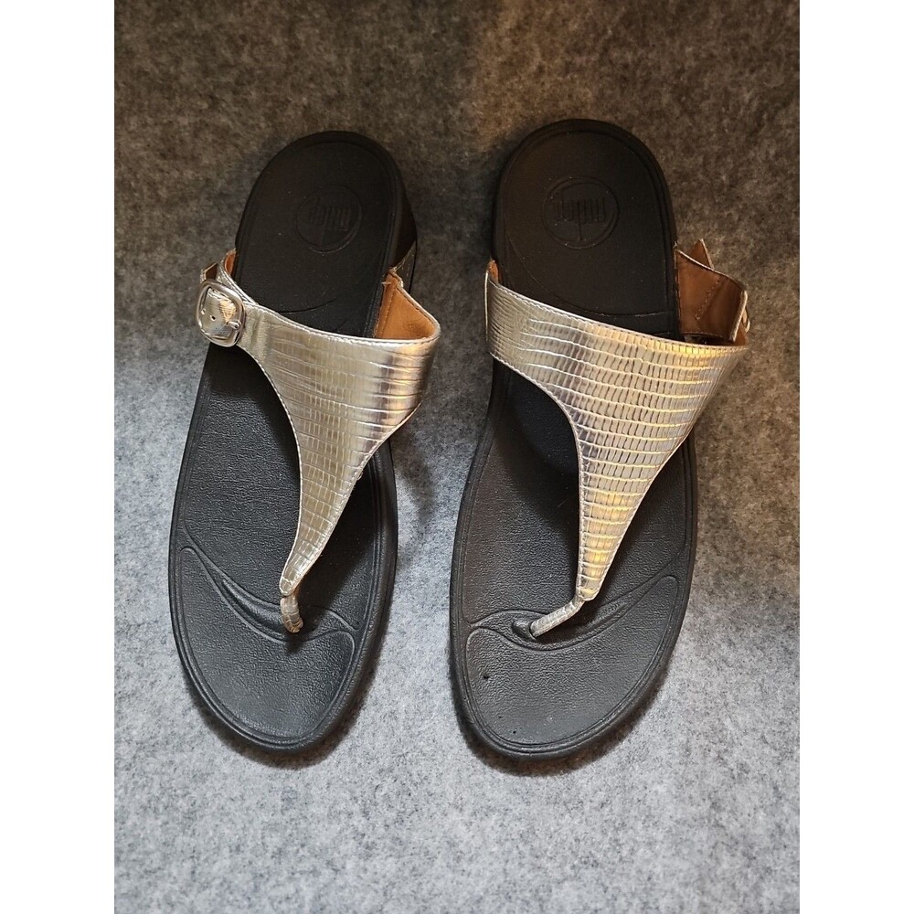 FitFlop Lulu Women Silver Metalic Thong Wedge Flip Flop Post Sandals Sz 10 M